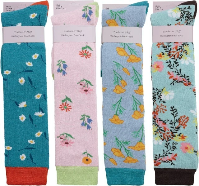Ladies Knee-High Wellington Socks – Morning Flowers Design, Cotton Rich